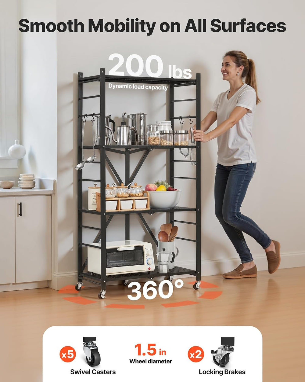 VEVOR 4-Tier Foldable Storage Shelf, 28W x 13D x 54H Inch Folding Metal Rack ...
