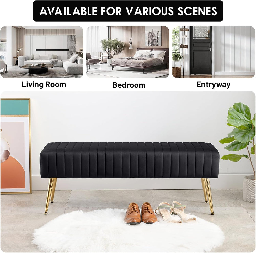 Furniliving 44 Inch Bedroom Bench, Upholstered Tufted Striped Fabric Ottoman ...
