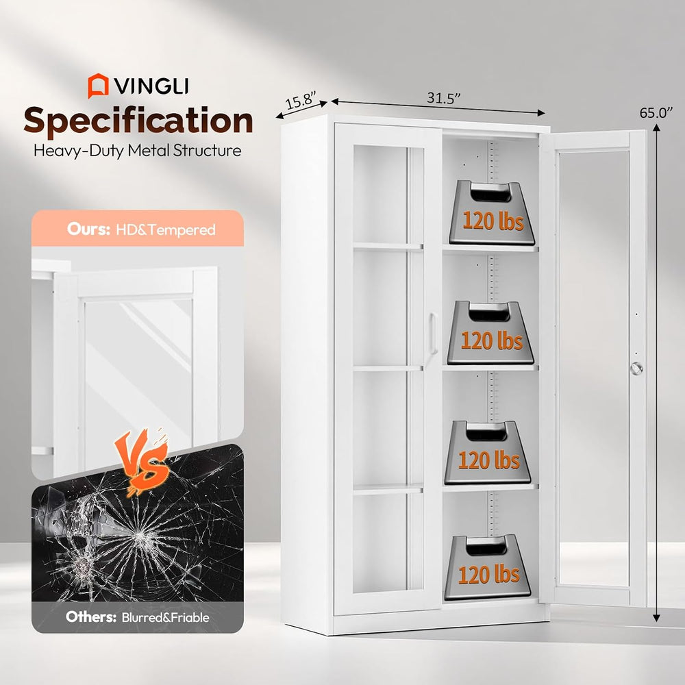 VINGLI Display Cabinet with Glass Doors & 3 Adjustable Shelves, 65" ...