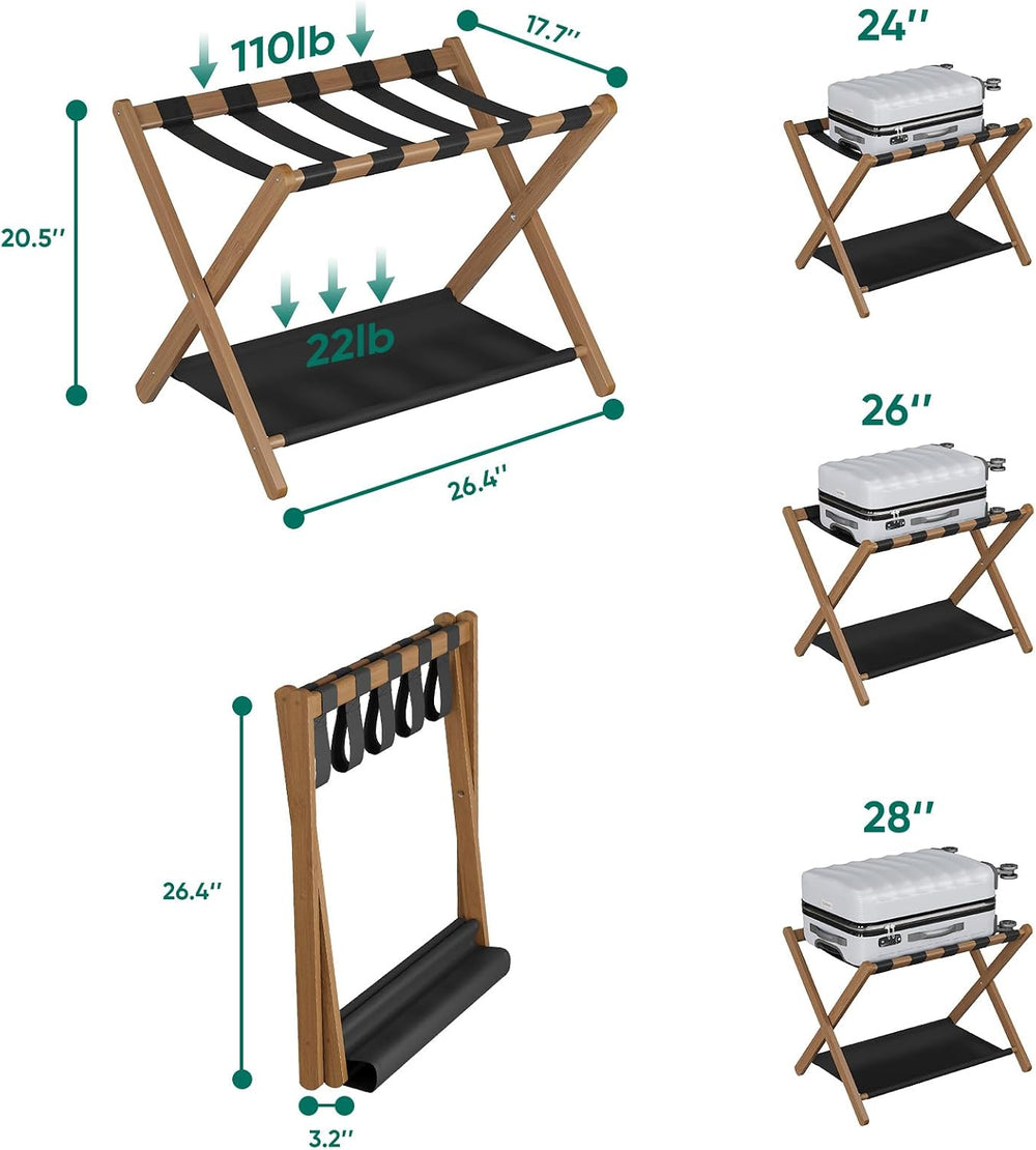 Smuxee Walnut Bamboo Luggage Rack Pack of 2, Foldable Suitcase Stand with Sto...