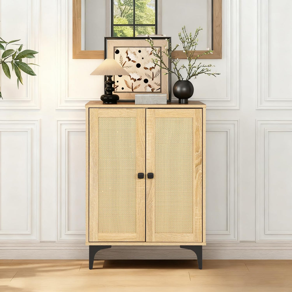Rattan Cabinet, Buffet Cabinet with Storage, Boho Small Sideboard with Adjust...