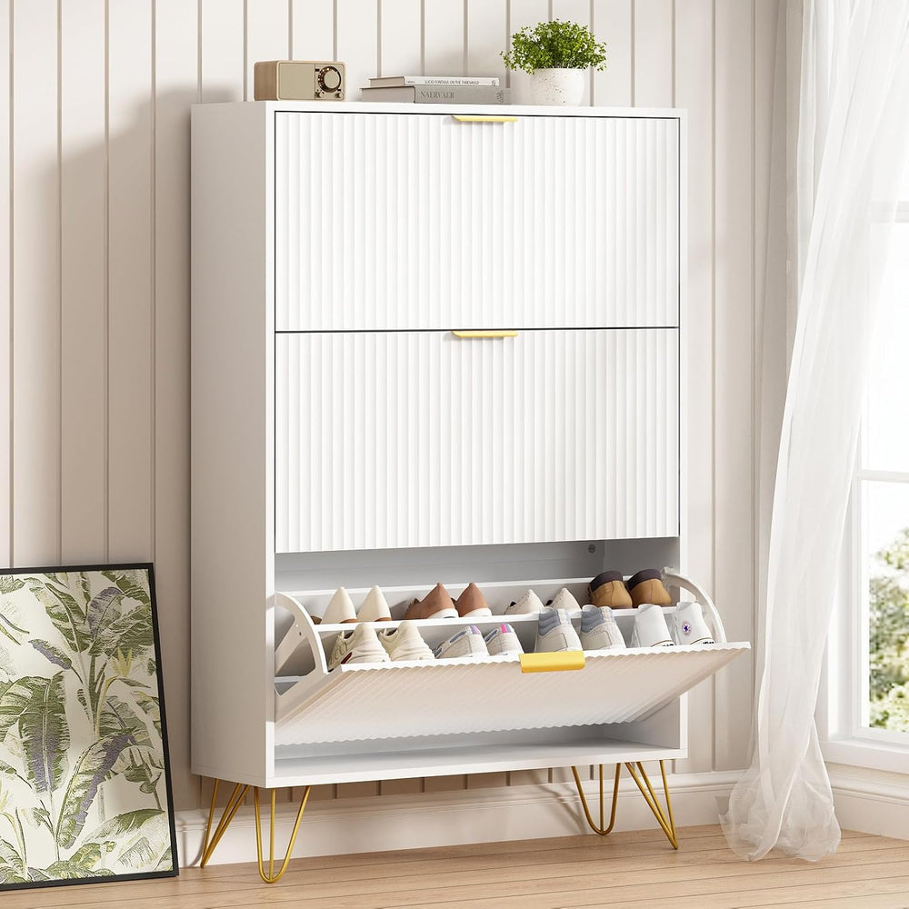 48"H Fluted Shoe Storage Cabinet with 3 Flip Drawers for Entryway, White