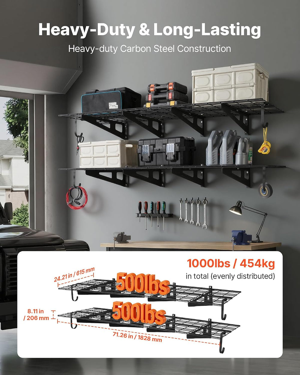 VEVOR 2-Pack Heavy Duty Garage Wall Shelving, 2 x 6 ft Steel Wall Mounted She...