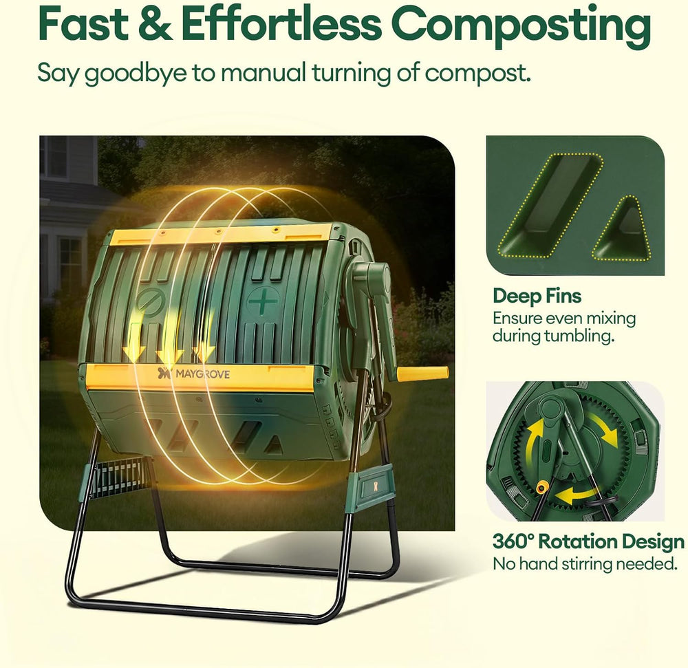 MAYGROVE Outdoor Compost Bin 53 Gallon Dual Chamber Composting Tumbler