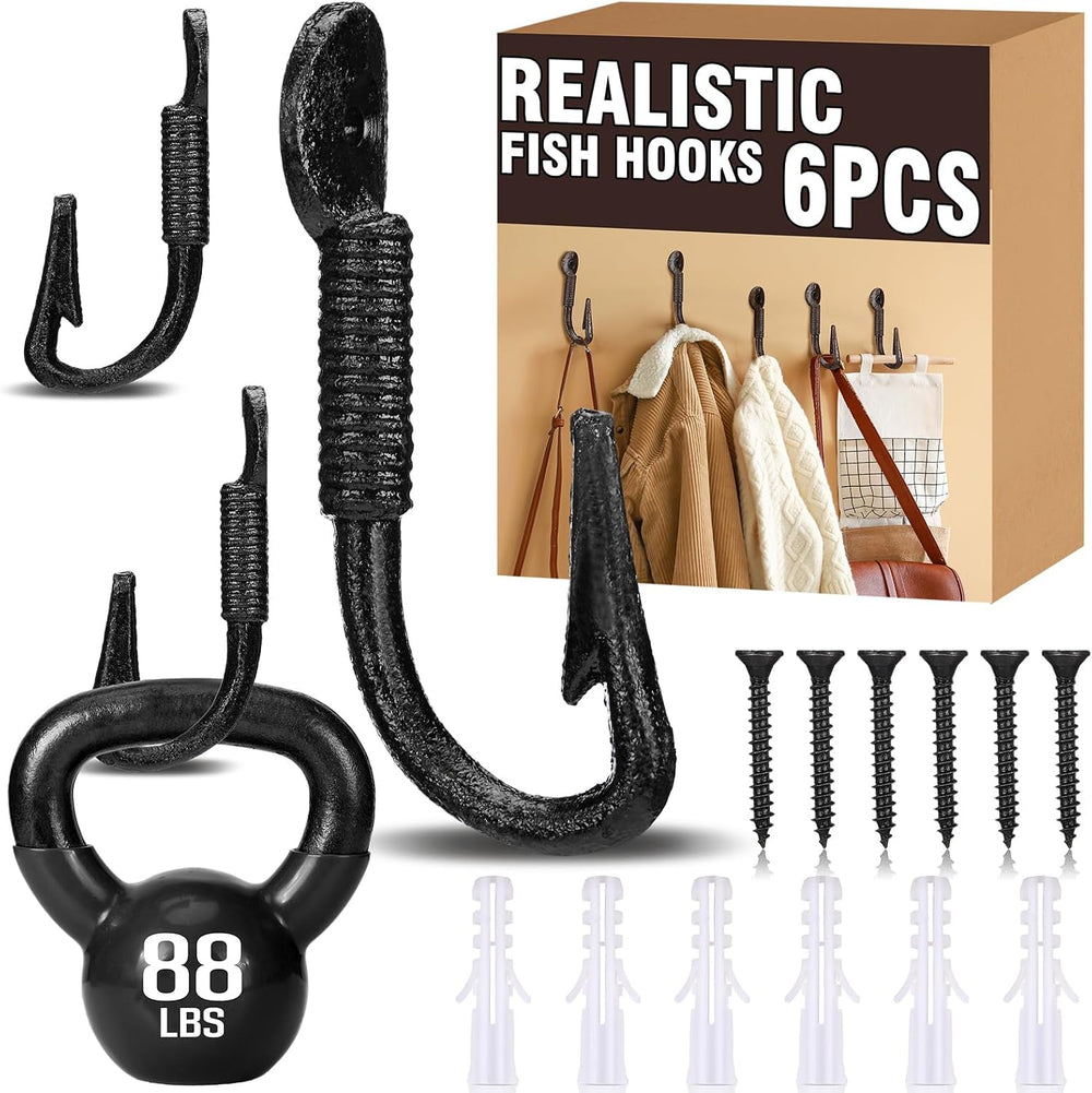 Duraaamo 6 Pcs Realistic Fish Hooks Cast Iron Wall Hook Rustic Wall Hanger