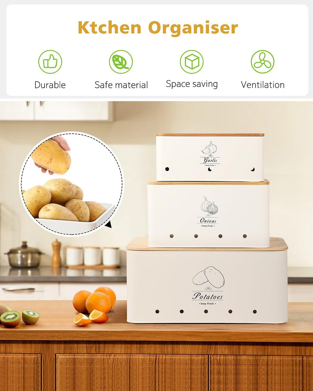 Kitchen Vegetable Storage Tins Set of 3 for Potatoes, Onion, Garlic, Vegetabl...