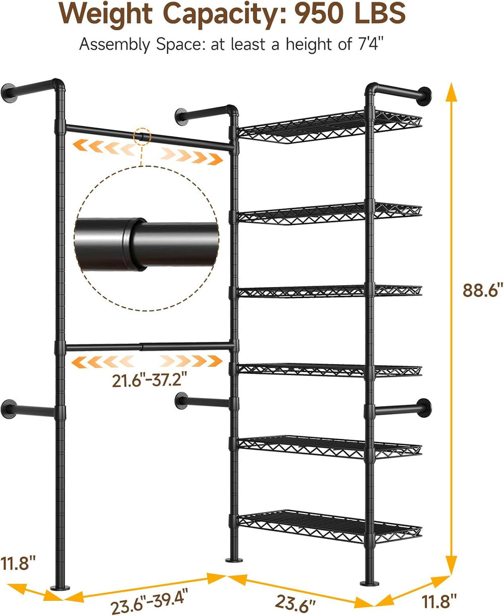 ONBRILL L2 Wall Mounted Closet System, Industrial Pipe Clothing Rack, Black