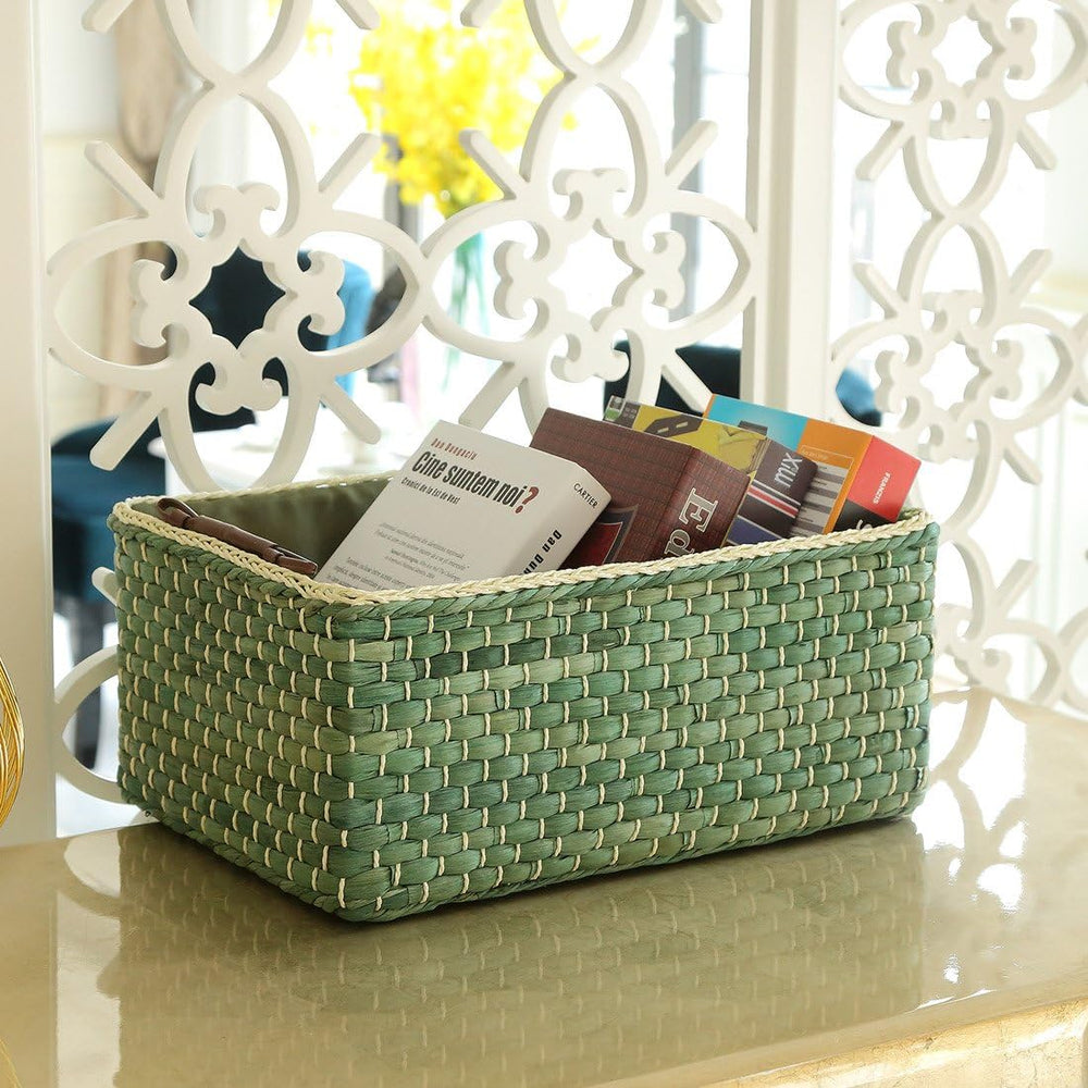 Kingwillow Baskets Woven Maize Storage Bins Set of 3 (Green,Rectangular)