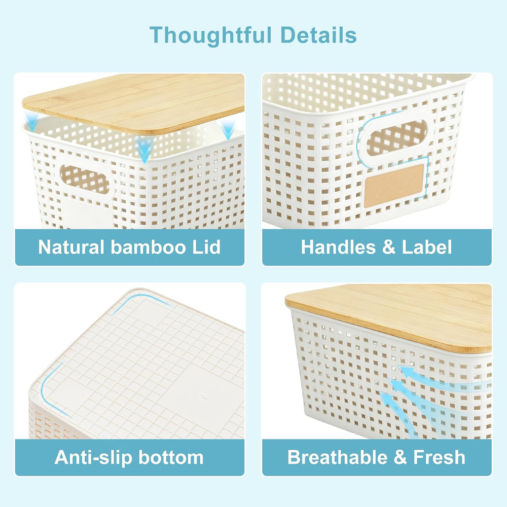 Bagnizer Small Plastic Storage Bins with Bamboo Lids 5.2qt Stackable Box Bask...