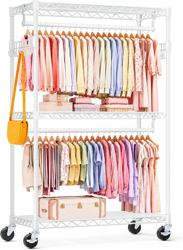 OLIXIS Rolling Clothes Rack, Heavy Duty Garment Rack, 35 IN, Metal White