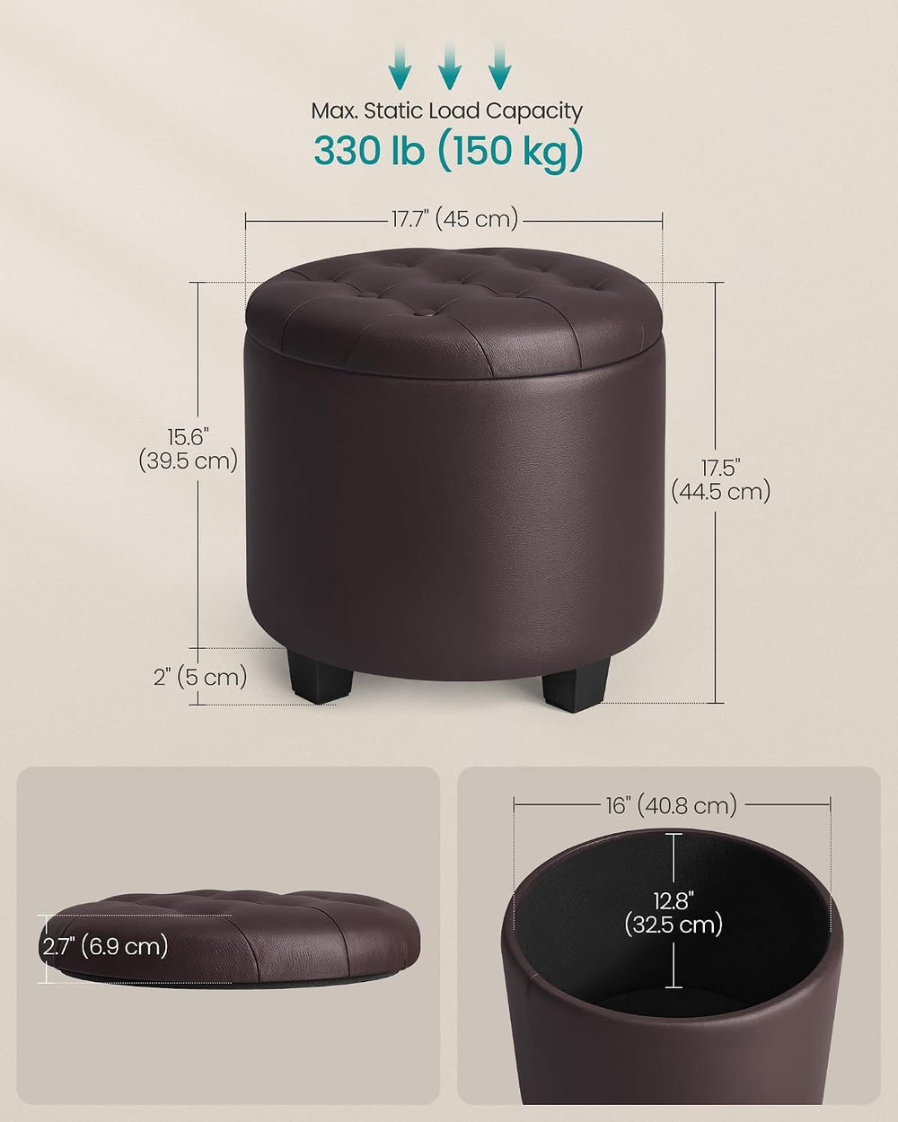 SONGMICS Vanity Stool, Round Ottoman with Storage, PVC Leather