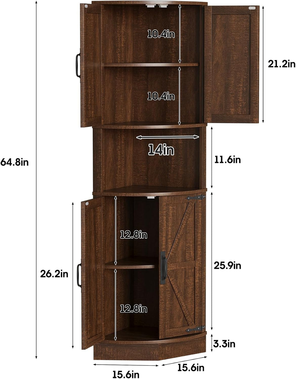 Vabches 64.8" Tall Farmhouse Corner Cabinet with 4 Doors and 5 Storage S...