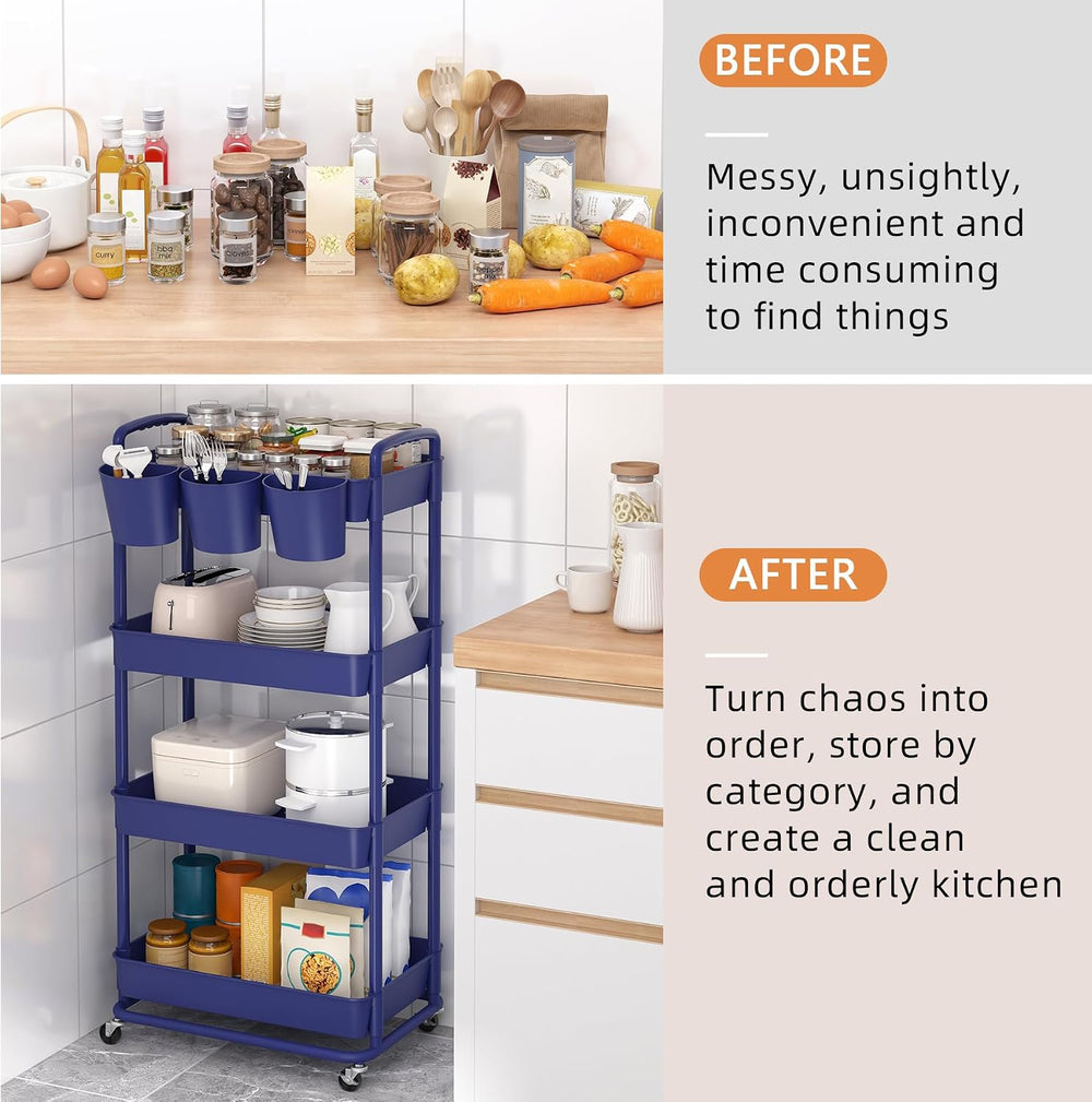 JIUYOTREE 4-Tier Plastic Rolling Storage Cart Utility Cart Blue