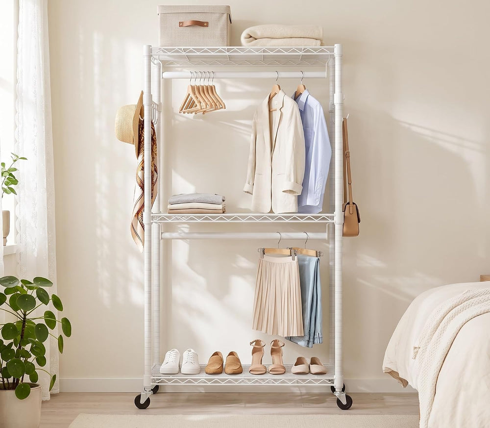 Alpen Double Hanging Rrods Clothes Rack wih Wheels, Easy to Assemble, White