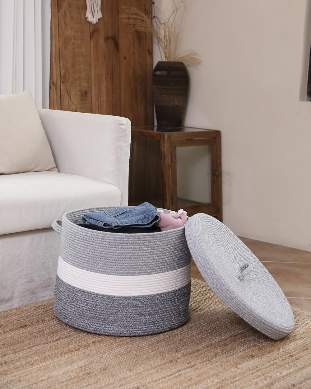20x15 Inch Extra Large Round Cotton Rope Storage Basket with Lid, Decorative ...