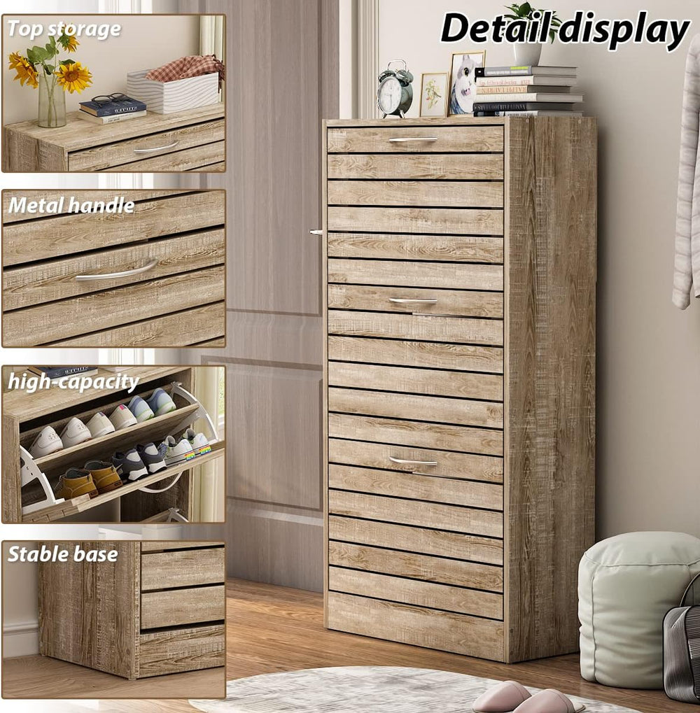 AGOTENI Natural Narrow Shoe Storage Cabinet with 3 Flip Doors & Adjustabl...