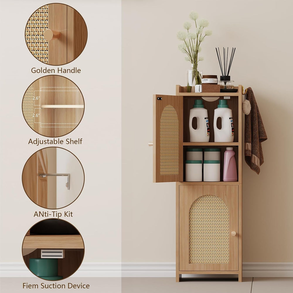 Rattan Bathroom Small Storage Cabinet with 2 Doors and Adjustable Shelf Oak