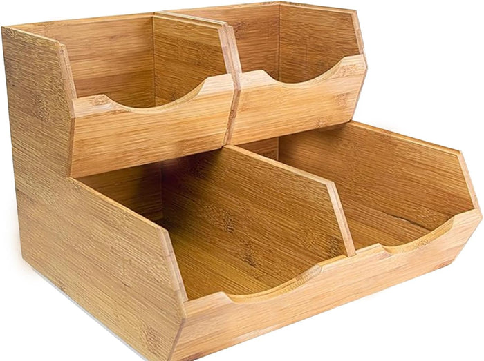 Bamboo Pantry Storage Bins Set of 3, Stackable Desktop Organizer