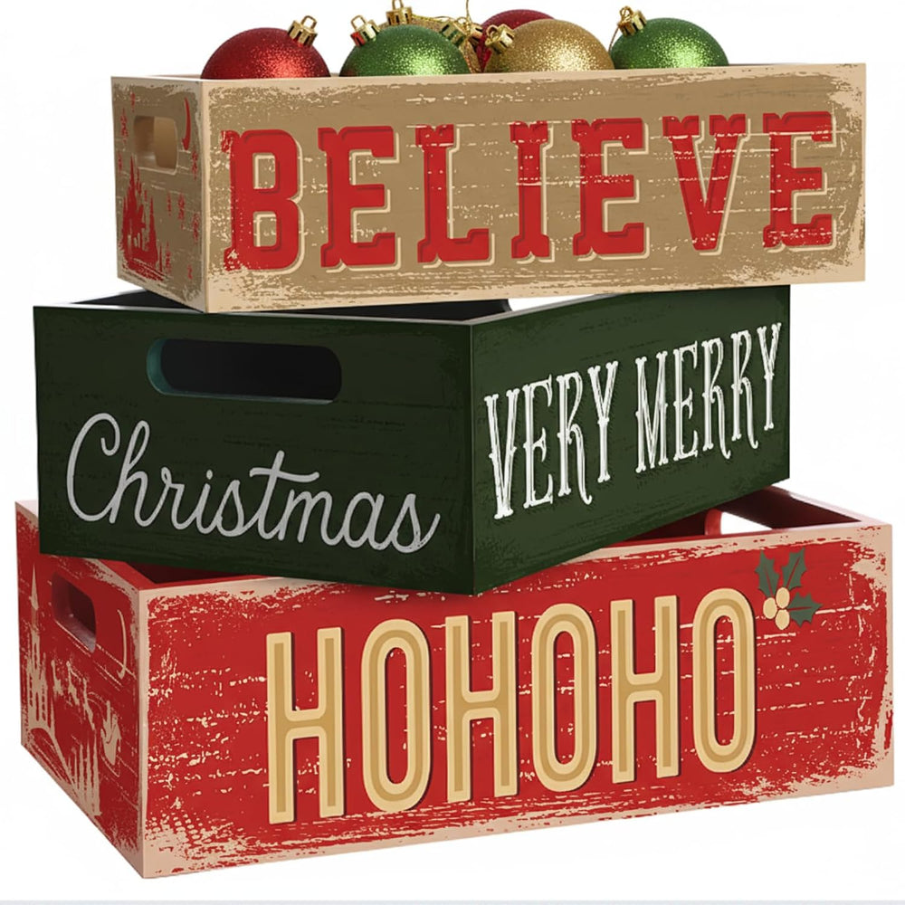 3 Pcs Christmas Wood Crate with Words Merry Christmas Believe