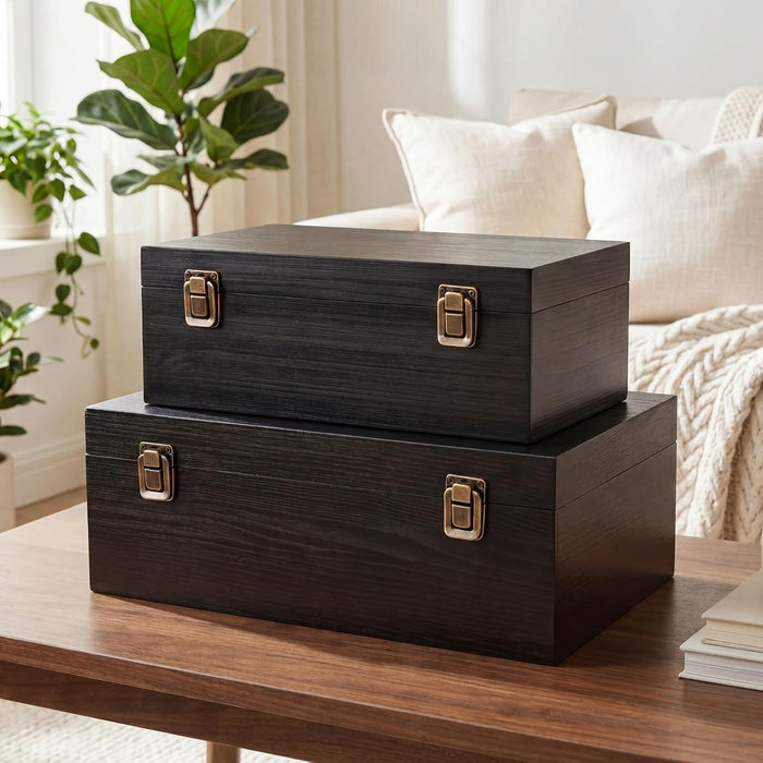Sliner 2 Pcs Wooden Decorative Storage Boxes with Lids Vintage Wood Organizer Bins for Your Bookshelf Home Decor Safely Store Photos Documents Memory Jewelry Craft Storage (Glossy Black,S M Size)