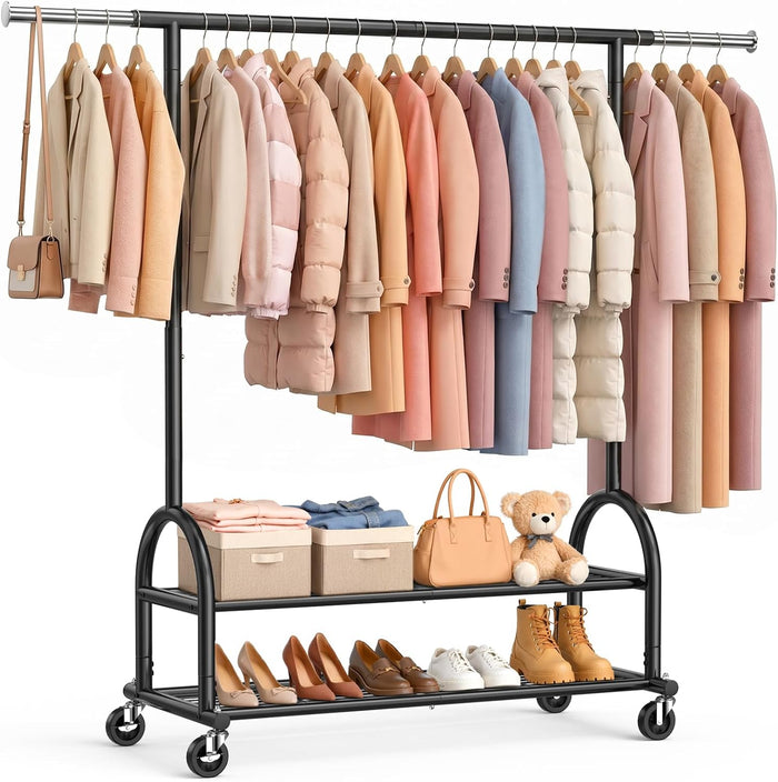 EAGMAK Rolling Clothes Rack Heavy Duty Clothing Racks with 2 Shelves, Black