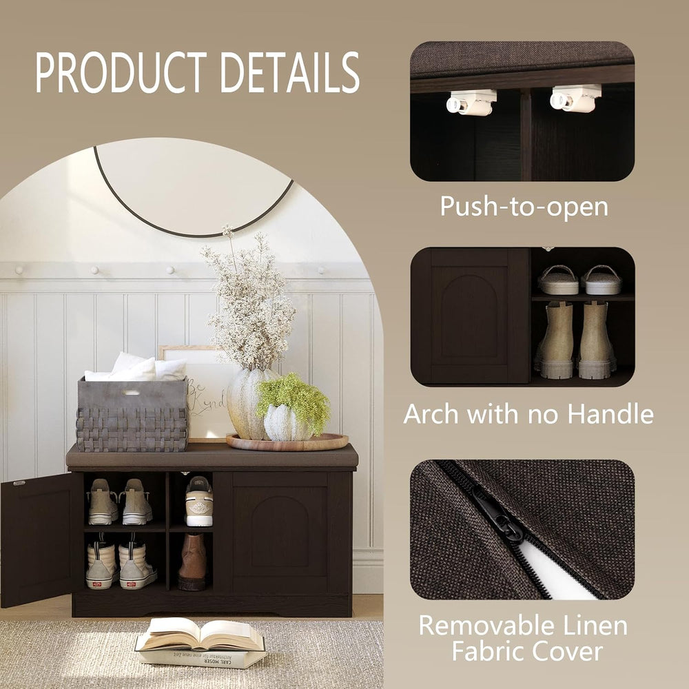 DINZI LVJ Shoe Storage Bench with Cushion, Door, Espresso 31.5" LX17.7 H