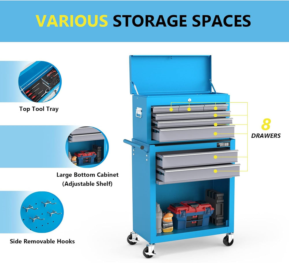 TUFFIOM 8-Drawer Rolling Tool Chest w/Lock, Tool Storage Cabinet w/Wheels, De...