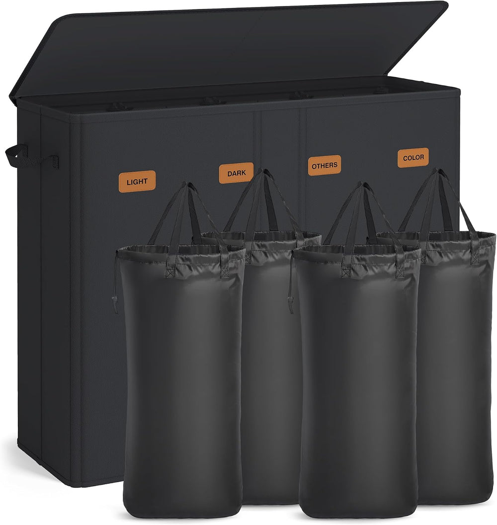 SONGMICS 210L Laundry Hamper, 4-Compartment Laundry Sorter with Lid