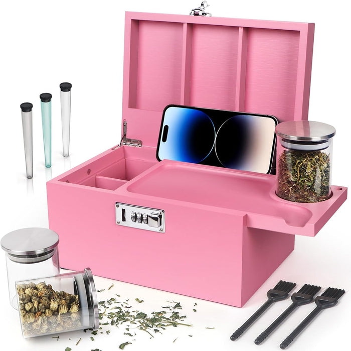 Large Pink Bamboo Box with Combination Lock, Decorative Storage Box with Detachable Compartment, Wooden Box with Alright Jars & Brushes & Storage Tubes as Great Gift Choice.