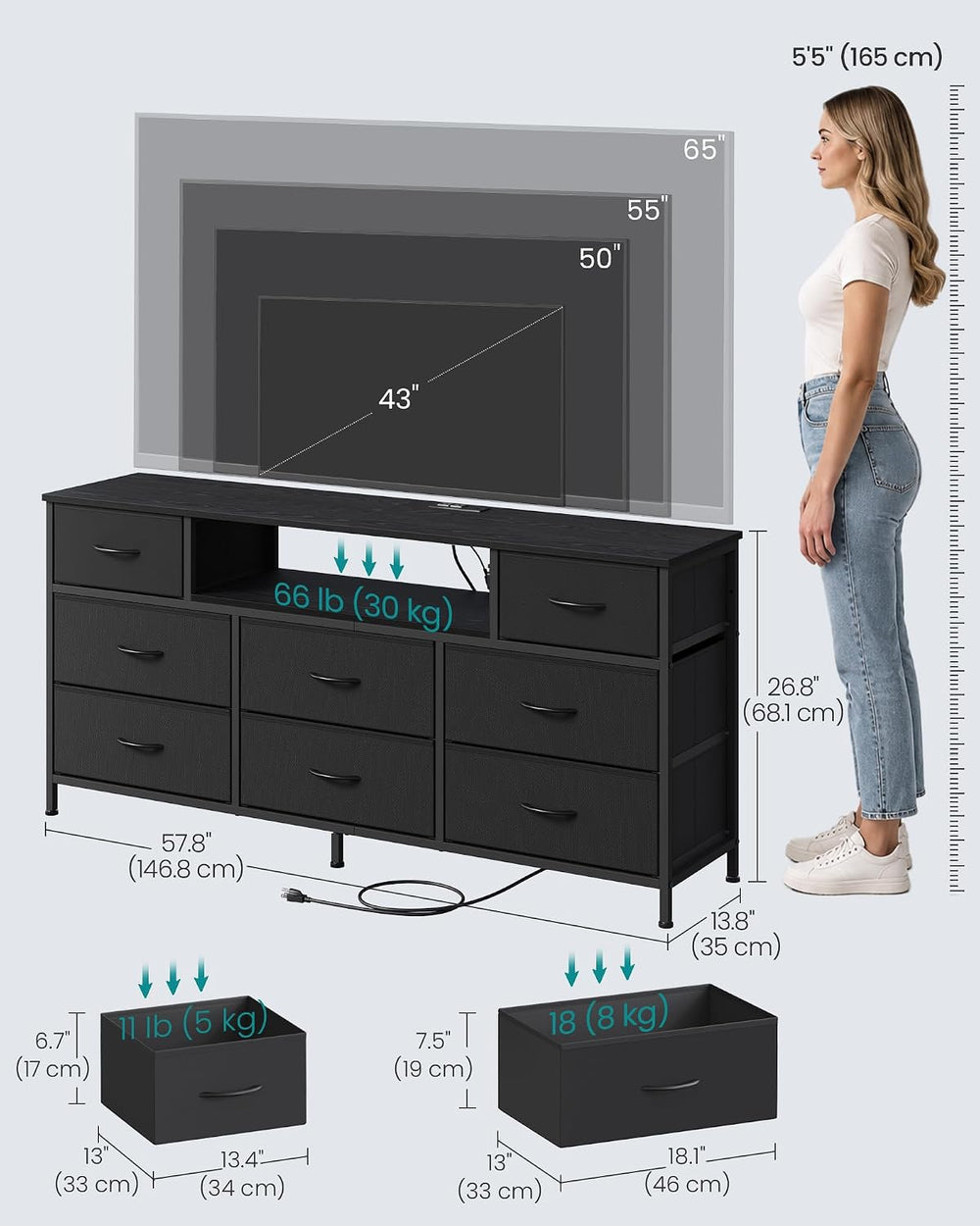 SONGMICS Dresser for Bedroom with Outlets & LED Lights, 8 Fabric Drawers