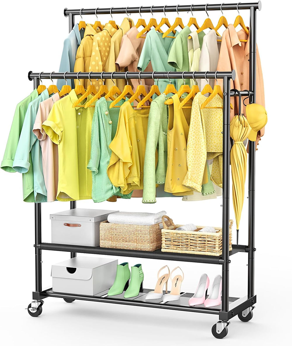 Double Rods Clothes Rack for Hanging Clothes, Heavy Duty Rolling Clothing Rac...