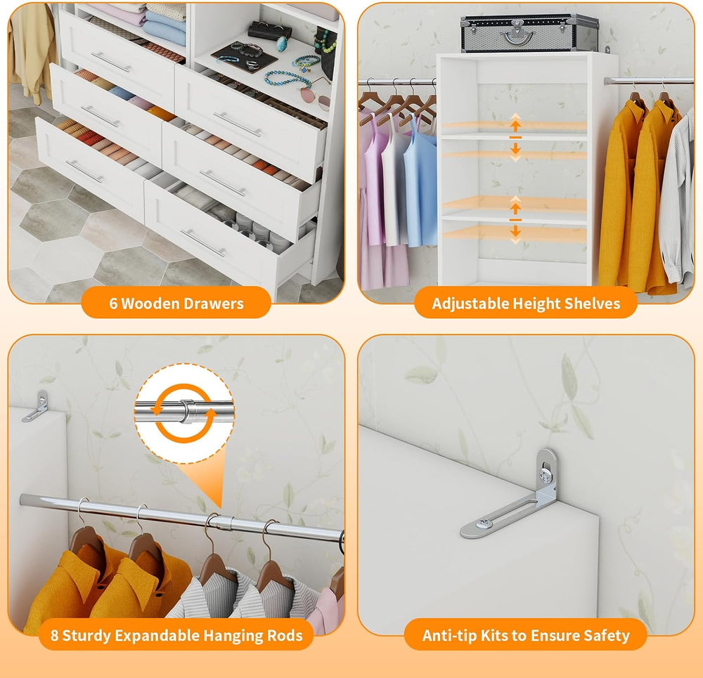 Closet System with 6 Drawers, 3.4FT-15FT Closet Organizer System with 8 Expan...
