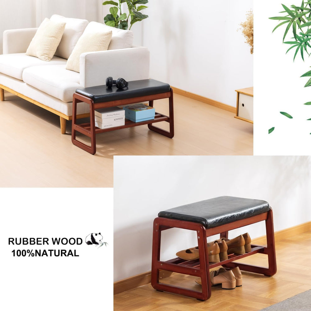 latifolia Solid Wood Bench, Entryway Shoe Bench with Cushion, 2 Tier Shoe Sto...