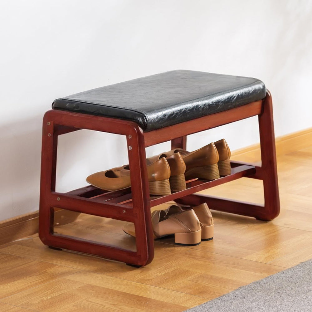 latifolia Solid Wood Bench, Entryway Shoe Bench with Cushion, 2 Tier Shoe Sto...