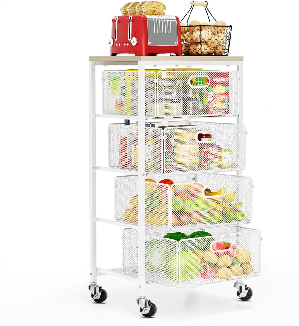 Kitchen Cart with Drawers, Lockable Wheels with Wooden Top, White