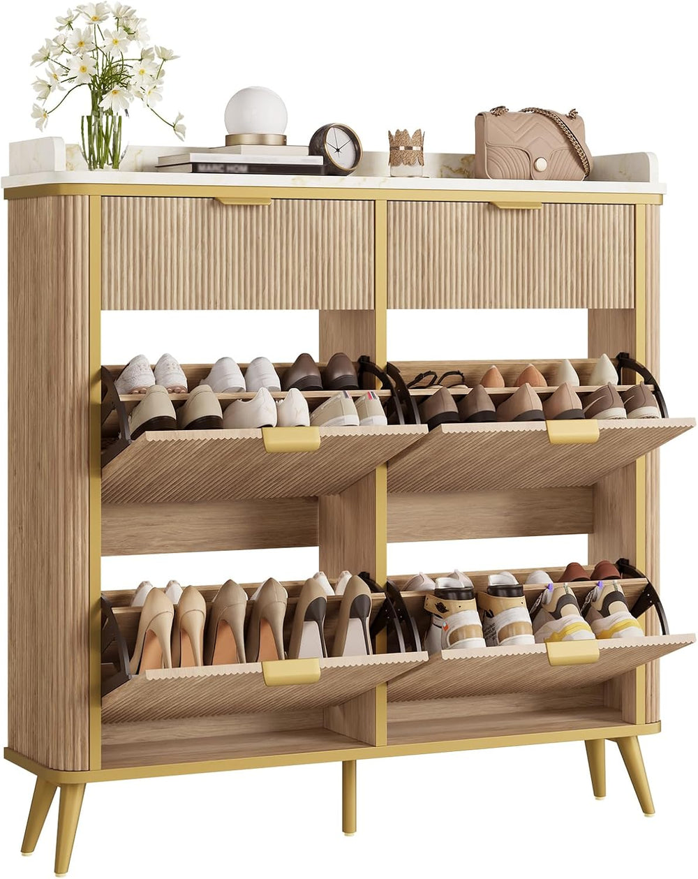 Fluted Shoe Storage Cabinet with 4 Flip Drawers & 2 Drawers, Freestanding...