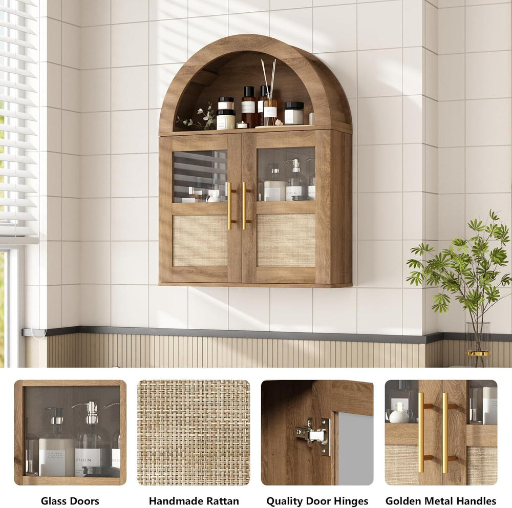 RUSTOWN Arched Bathroom Wall Cabinet with 2 Glass & Rattan Doors