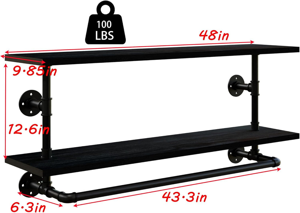 Black Clothes Rack 48in, 2-Tier Wall Mounted Garment Rack with Real Wood Shel...