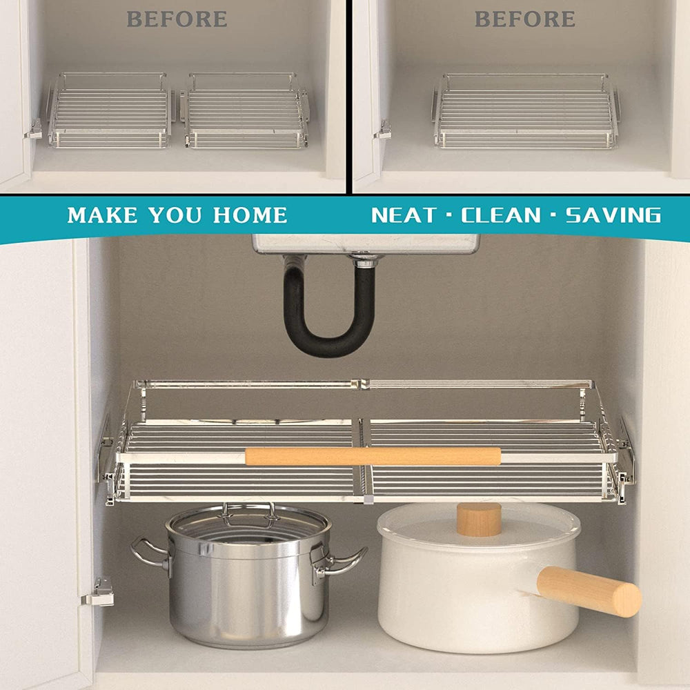 Expandable Sliding Basket, Pull-Out Cabinet Organizer, Heavy Duty Slide Out P...