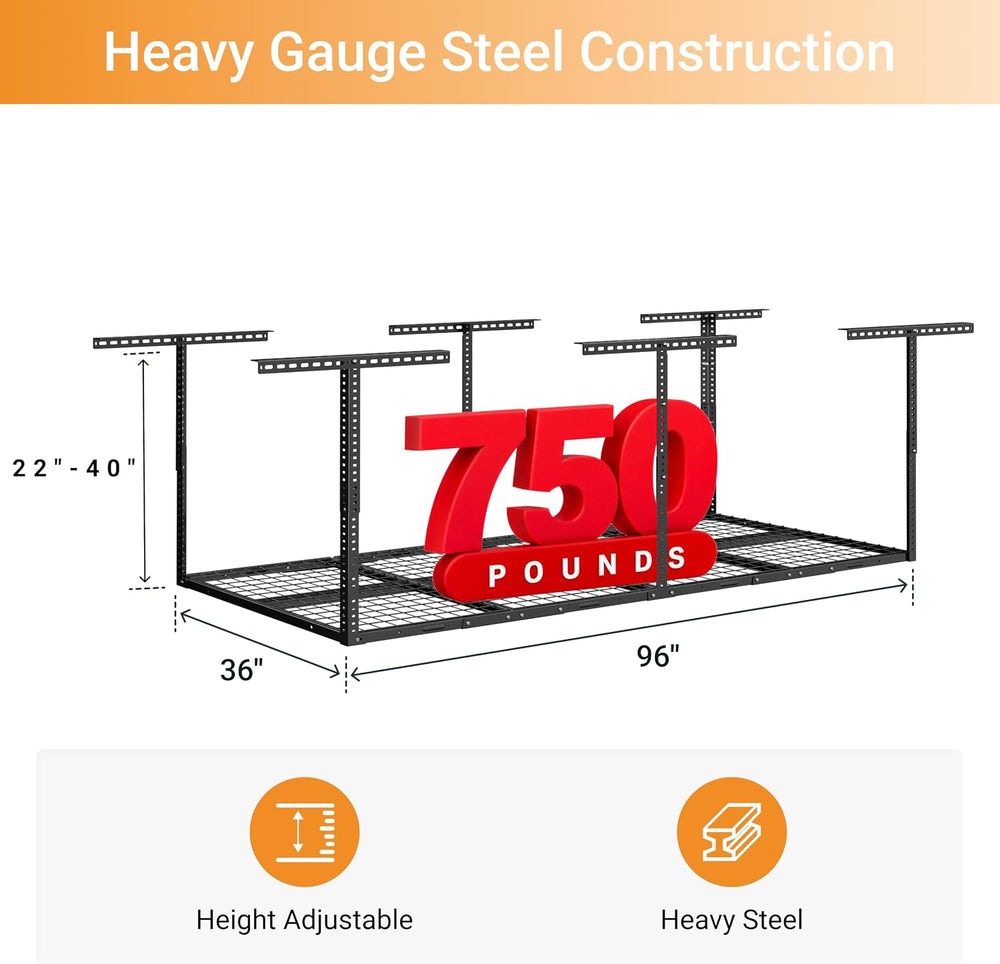 3x8ft Overhead Ceiling Garage Storage Rack, 750LBS Capacity, Black