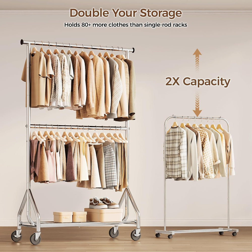 HYSEYY Heavy Duty Clothes Rack, Double Rod Clothing Rack for Hanging Clothes,...