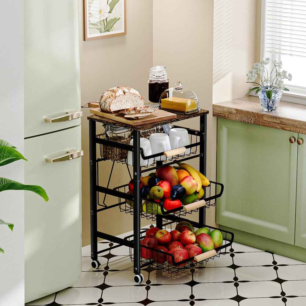 JAQ Fruit Vegetables Carts, 4-Tier Slide Out Metal Storage Baskets Stand Orga...