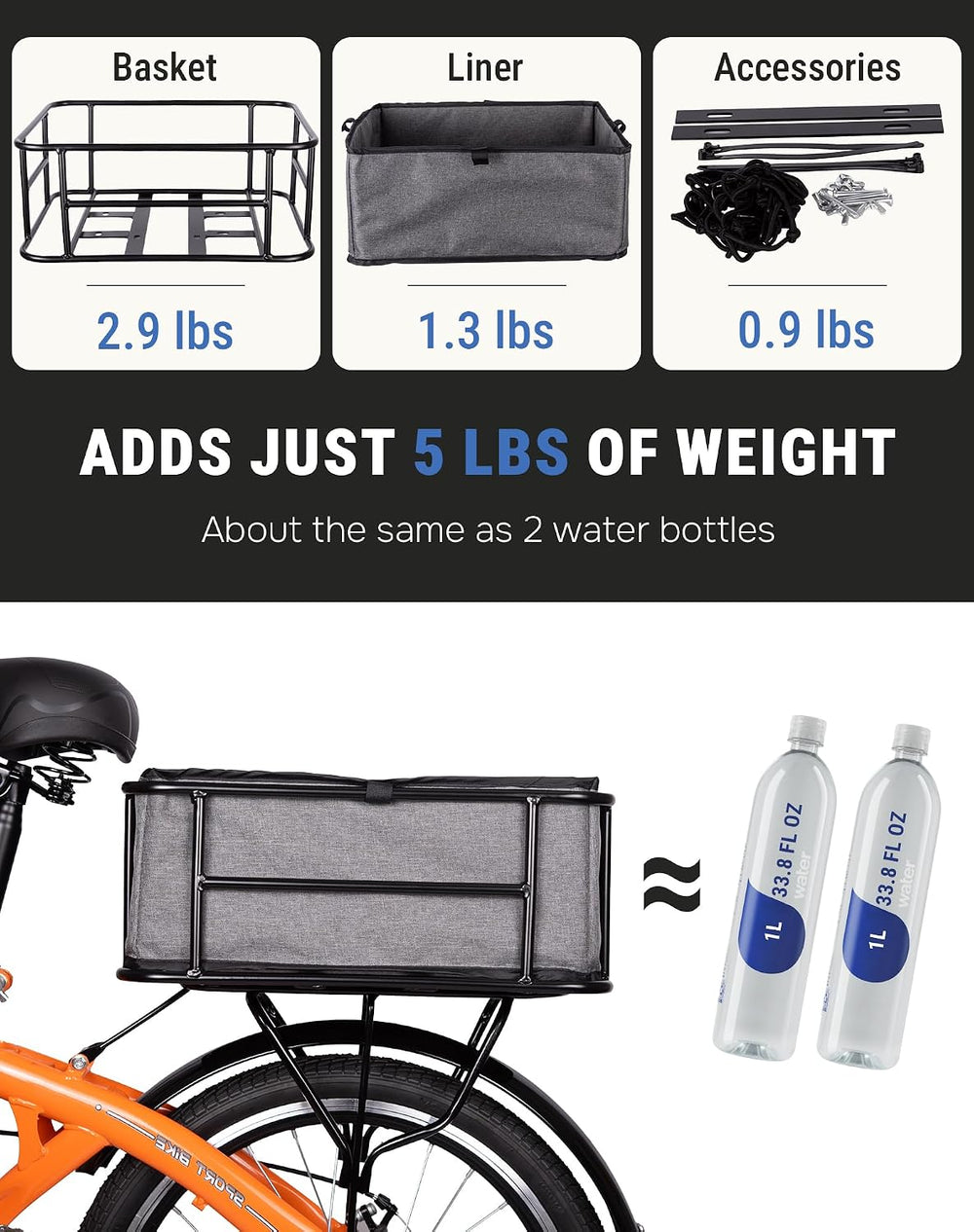 Lightweight Bike Rear Basket for Adults with Net and Liner, Steel Frame Bicyc...