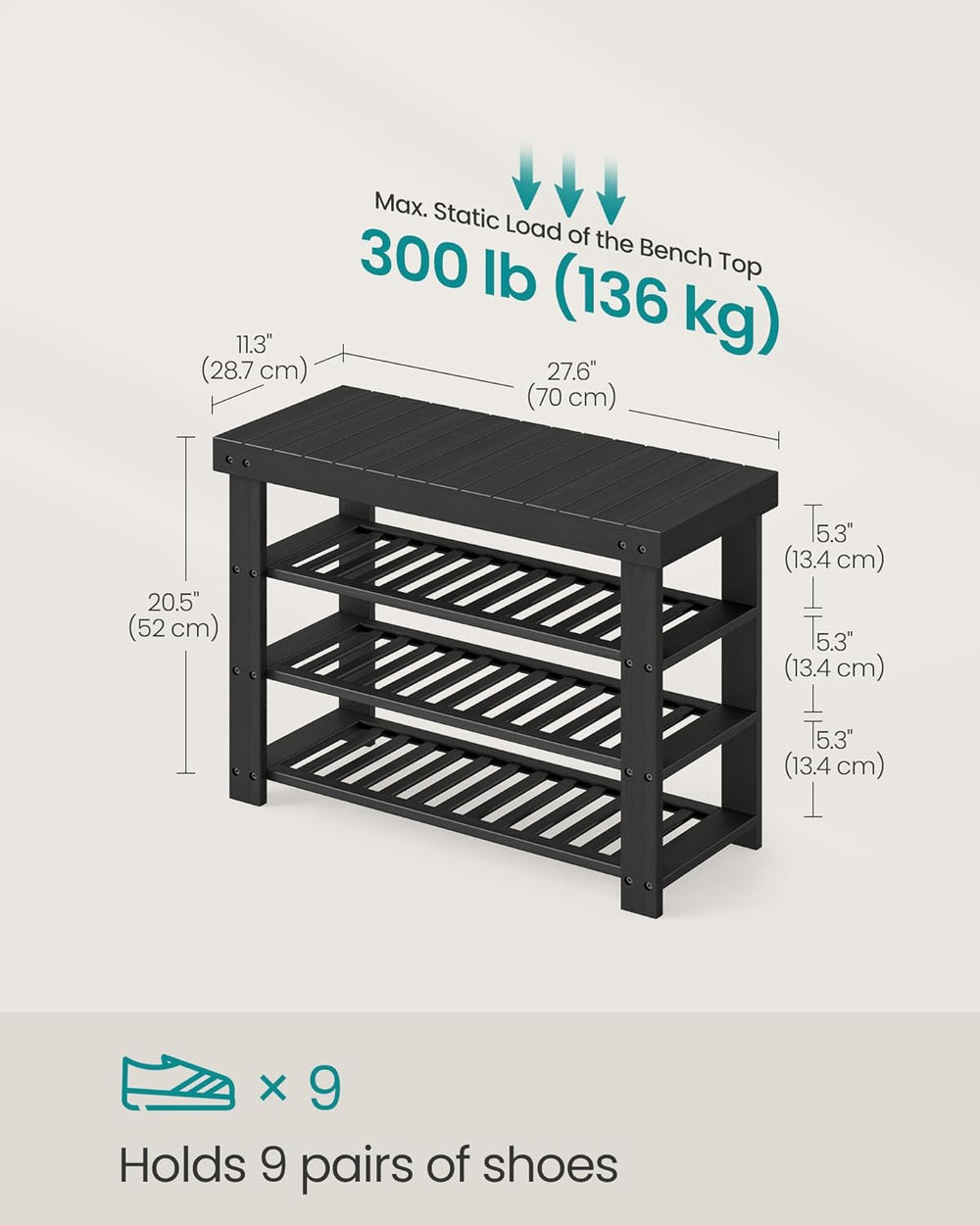 SONGMICS Shoe Rack Bench, 4 Tier Bamboo, 11.3 x 27.6 x 20.5 Inches