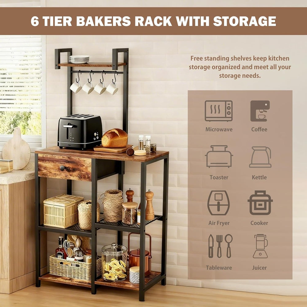 Kitchen Bakers Rack with Drawer,6 Tier Microwave Stand with Hooks