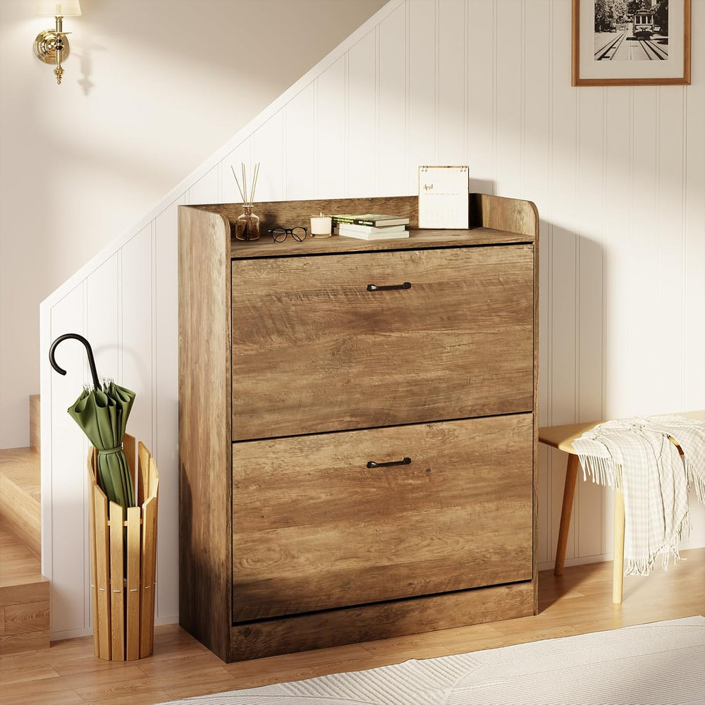 HOMMPA Farmhouse Shoe Storage Cabinet with 2 Flip Drawers, Freestanding Shoe ...