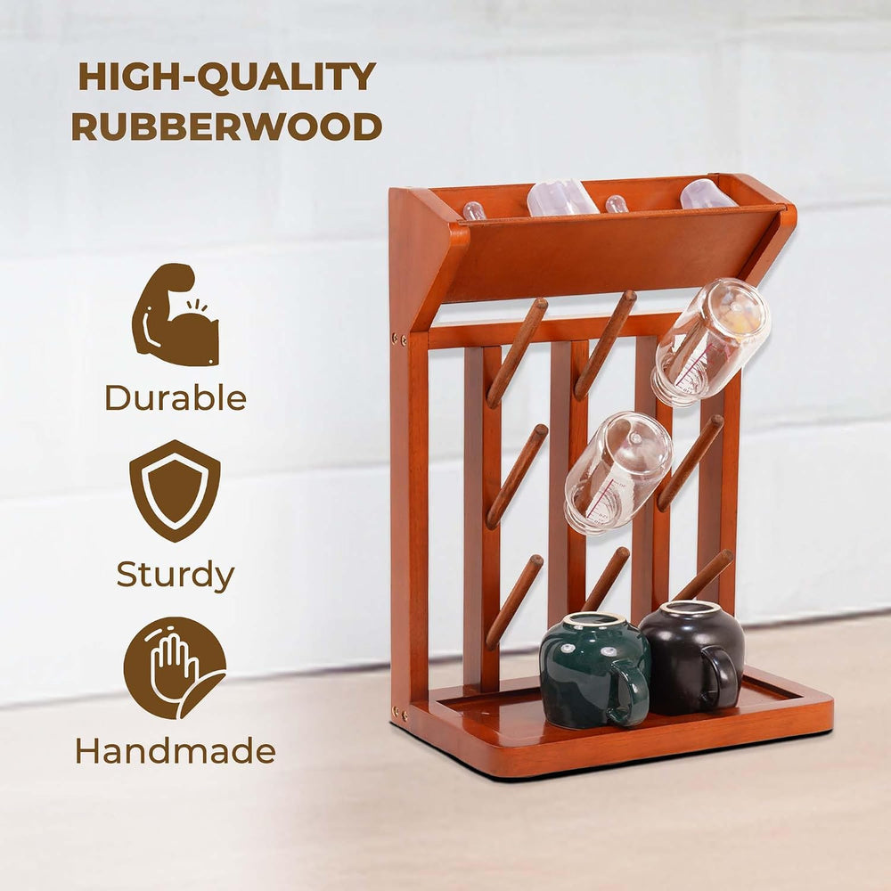 Brown Vertical Bottle Drying Rack Rubber Wood 9 Hooks, Use for Bottles, Cups,...