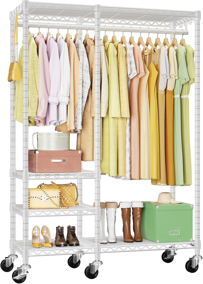 Ulif F4R Heavy Duty Clothes Rack（With Lockable Wheels ） Rolling Clothing Racks for Hanging Clothes，Adjustable Closet Organizer System，Portable Garment Rack 45"W x 15.8"D x 73.5"H，Max Load 650LBS，White