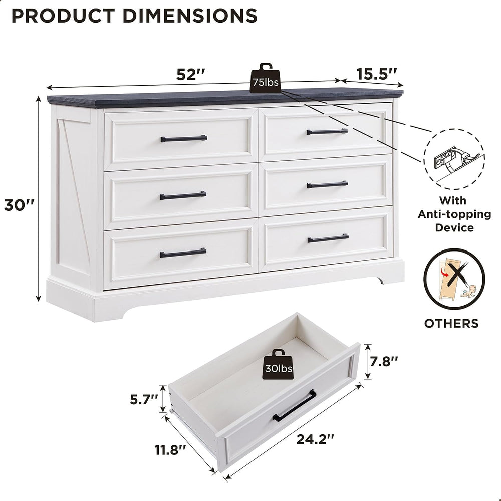 ACCOHOHO 52" Wide Farmhouse 6 Drawer Dresser for Bedroom, Off White