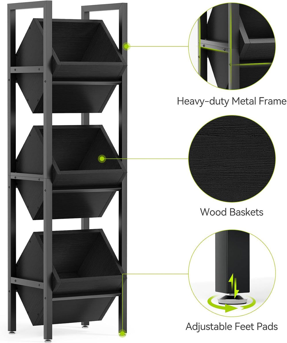 LITTLE TREE 3-Tier Basket Stand, Wooden Floor Stand Shelving Unit, Rustic Sta...